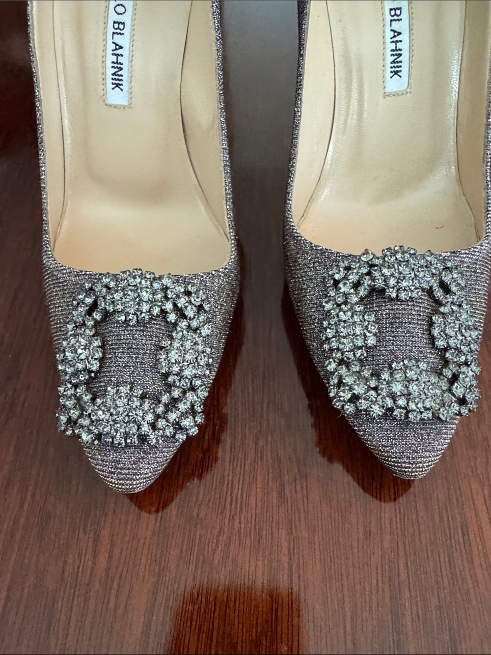 Manolo Blahnik Hangisi Silver Embellished Women's Pumps 37 - Picture 8 of 13